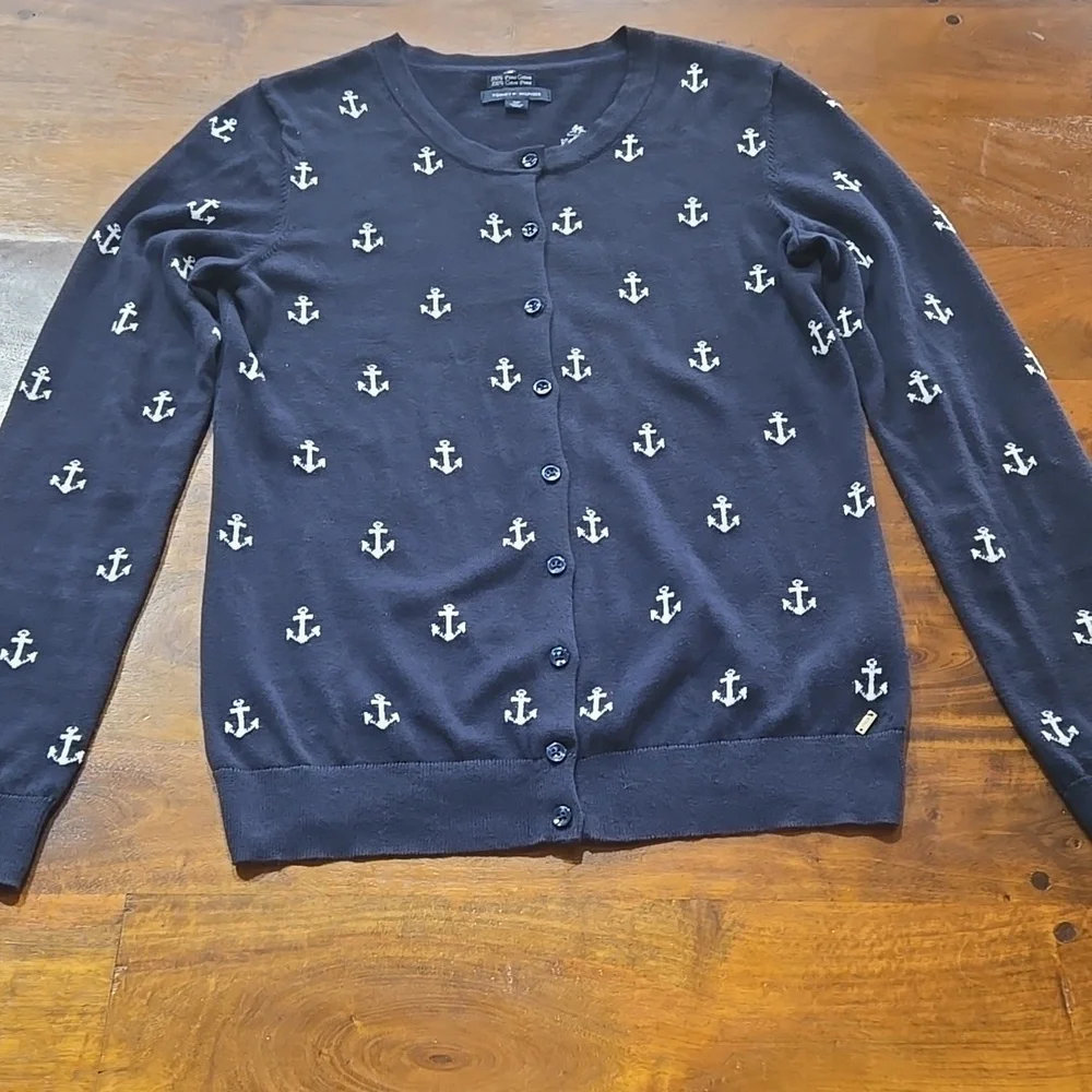 Tommy Hilfiger 100% Pima Cotton Navy Blue And White Anchor Cardigan Size Small